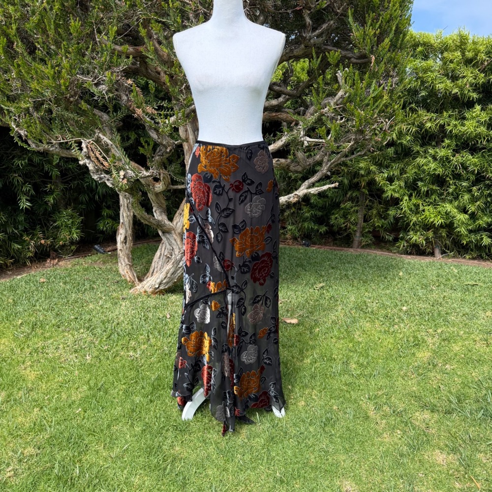 Hartnell Burnout Velvet Floral Maxi Skirt Black Gold Devore Handkerchief XS
